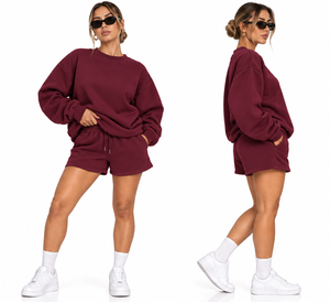 Ensemble sweat-shirt et short oversize pour femme, 2 pièces, ensemble de survêtement décontracté en molleton épais, pull à épaules tombantes, été - Product Image 3