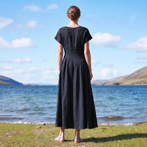 Vestido Midi con Lazo, 100% Algodón Transpirable, Cintura Alta, Manga Corta, Bolsillos Laterales, Talla Grande, Estilo Vintage para Mujer, Precio de Fábrica - Product Image 2