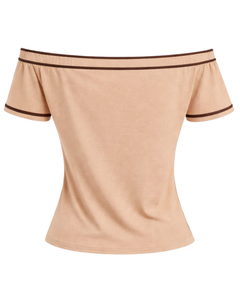 Camiseta Beige para Mujer con Hombros Descubiertos, Ribete de Rayas Marrones en Contraste, Manga Corta, Corte Ajustado, Informal, Verano, Fabricante OEM Personalizado - Product Image 4