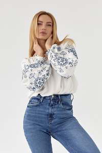 Chemisier bohème brodé pour femme, en coton, à manches longues, style paysanne, motif floral ethnique, coupe ample, tunique - Product Image 3