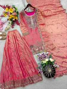 Ensemble Salwar en Soie Brodé Rose avec Dupatta, Coupe Ample, Tenue Traditionnelle Indienne et Pakistanaise pour Femme, Longueur au Sol - Product Image 5