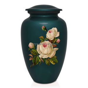 Urne de crémation vert foncé de Style américain adulte classique Memorial White Rose Flower Design pour urne funéraire de cendres humaines - Product Image 6