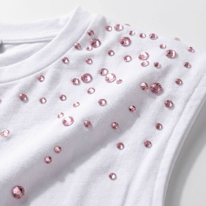 Chemise blanche chic pour femme, sans manches, ornée de strass, débardeur personnalisé en cristal rose, coton de luxe, col rond, mode été - Product Image 3