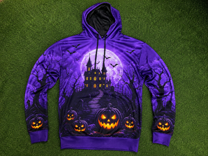 Sudadera con Capucha Personalizada Morada de Halloween con Diseño de Casa Encantada y Calabaza, Unisex, Sublimada, de Poliéster, Estilo Gótico Urbano - Product Image 6