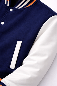 Men's Blue White Varsity Jacket Preppy Style Turn-down Collar Button Front Regular Fit Winter Outerwear Genuine Leather Shell - Product Image 4
