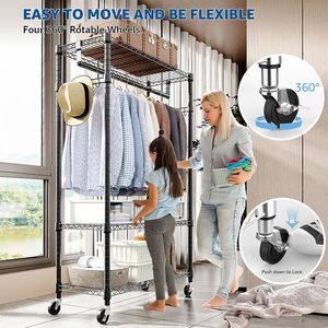 Étagère métallique robuste à 3 niveaux réglable sur roulettes avec crochets latéraux pour rangement de penderie et tringles à vêtements - Product Image 6