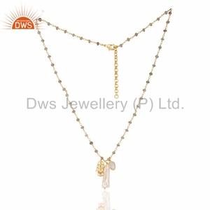 ไข่มุกธรรมชาติและสายรุ้งมูนสโตนอัญมณีจี้ทองเหลืองพร้อมผู้ผลิตเครื่องประดับโซ่ชุบทอง - Product Image 4