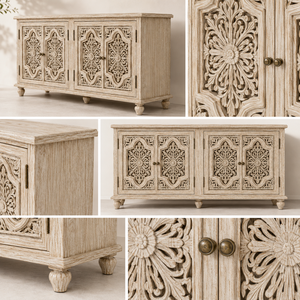 Buffet en bois massif blanchi, écologique et durable, avec portes sculptées à la main à motifs floraux, pour intérieurs de luxe - Product Image 5