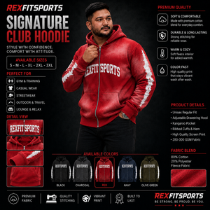 REXFITSPORTS 2026 Custom Red Graphic Zip Up Hoodie Unisex Cotton Polyester <b>Fleece</b> Streetwear Full Zip <b>Sweatshirt</b> with Sleeve - Product Image 1