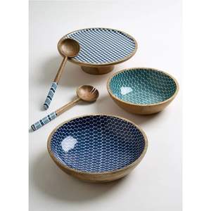 Bol en bois de manguier émaillé durable en gros - Ensemble de grands bols à salade personnalisés avec cuillères assorties - Product Image 1