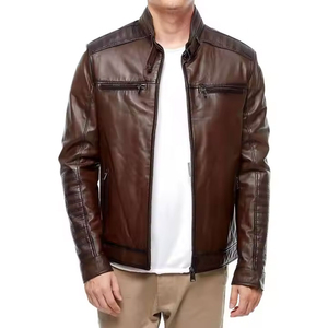 <b>Brown</b> <b>Leather</b> <b>Jacket</b> <b>Men</b> Zip Up Biker <b>Jacket</b> Stand Collar Regular Fit Winter Outerwear - Product Image 1