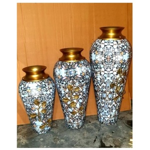 Luxury Modern Mosaic Finish Decorative Iron & Aluminum Flower <b>Vase</b> <b>Set</b> with Green & Blue Patterns and Polished Gold Tops. - Product Image 4