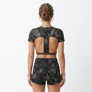 Custom Dark <b>Camo</b> Side Cutout Crop <b>Top</b> <b>women's</b> shirt Streetwear OEM Fitness Fashion Manufacturer Private Label Slim Fit Cotton - Product Image 2