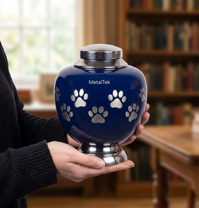 Luxury Royal Blue Handcrafted <b>Pet</b> Cremation Urn Large Metal Paw Print Funeral Vase for Dogs Cat <b>Ashes</b> Secure Threaded Lid Urns - Product Image 2