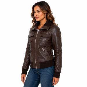 Blouson Bomber en Cuir Véritable et Toile Marron pour Homme Amirez, Patch Drapeau Américain sur le Devant, Fermeture Éclair, Rembourrage en Coton, Séchage Rapide - Product Image 4