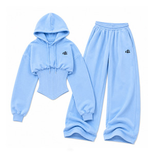 Ensemble de survêtement de détente pour femme en coton premium, comprenant un sweat à capuche court à coupe corset bleu glace et un pantalon de survêtement à jambes larges, style mode - Product Image 1
