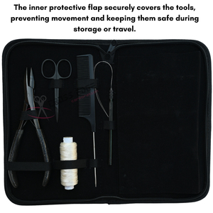 Kit d'outils pour extensions capillaires de salon, noir, comprenant : Pince de 7 pouces, Enfileur de boucles, Peigne à queue, Aiguilles courbées, Aiguille à perruque, Pinces de coiffure, Ciseaux à boucles - Product Image 5
