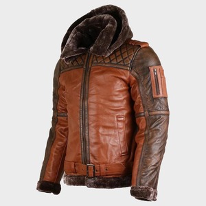Chaqueta de aviador de cuero marrón desgastado con capucha de piel sintética y hombros acolchados - Product Image 3