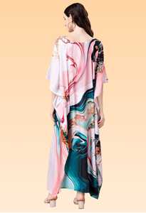 Vestido corto tipo caftán para mujer – Azul pastel con estampado floral abstracto de colores, túnica de corte holgado. - Product Image 4