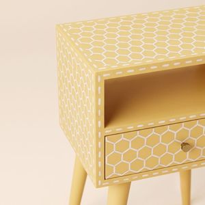 Mesita de Noche de Madera con Incrustaciones de Hueso Amarillo Hecha a Mano, con 1 Cajón, Patrón de Panal, Muebles Indios de Lujo - Product Image 4