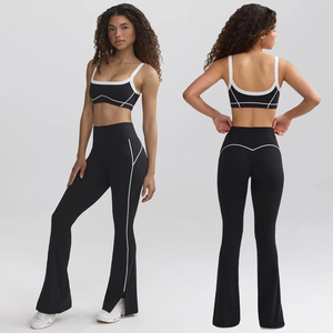 Ensemble de yoga personnalisé en gros pour femmes, ensemble deux pièces côtelé de vêtements de sport et de fitness, legging et soutien-gorge de sport assortis pour l'entraînement - Product Image 1