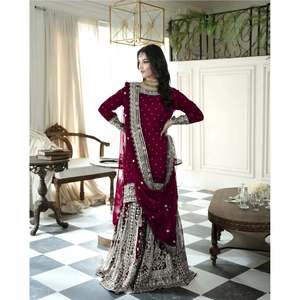 Fancy Top-Gharara y Dupatta Set con Secuencia de bordado pesado Trabajo Ropa y accesorios musulmanes tradicionales - Product Image 1