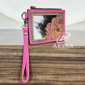 Fashion Western Hair-On Hide Tooled Leather Women Mini Card <b>Holder</b> Wallet Floral Design Zipper Closure Coin Cash <b>Holder</b> Purse - Product Image 1