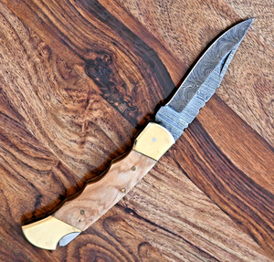 Couteau pliant Short Sign Forge en acier Damas de qualité industrielle, manche en bois d'olivier, embout en laiton, étui, couteau de chasse EDC de poche - Product Image 5
