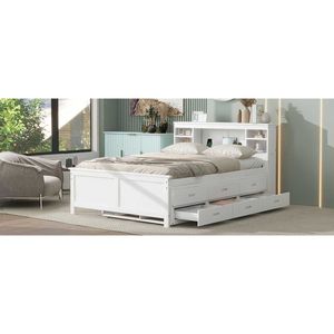 Letto matrimoniale bianco con piattaforma, testiera contenitore, porta USB, letto estraibile singolo e 3 cassetti, letto imbottito - Product Image 6