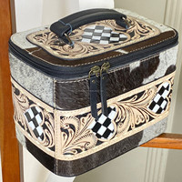 Étui à bijoux en cuir artisanal de style occidental, avec porte-bagues, design à carreaux, organiseur de rangement pratique pour les voyages