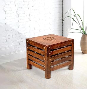 Aqdus Saleem Handmade Wooden Ottoman <b>Cube</b> Storage Side Table with Carved Top Accent Stool for Living Room Bedroom Tabletop - Product Image 6