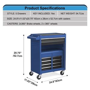 Carrello Portautensili a 5 Cassetti con Ruote, Imballaggio Rinforzato, Cassetta degli Attrezzi in Metallo per Garage, Parte Superiore Staccabile, Armadietto Portaoggetti - Product Image 2