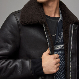 Men's Genuine Leather <b>Slim</b> <b>Fit</b> Bomber <b>Jacket</b> with Stand Collar Zipper Closure Winter Windproof Moto Style - Product Image 5