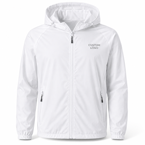 <b>Men's</b> <b>White</b> Hooded Windbreaker <b>Jacket</b> Quick Dry Zipper Closure Casual Style Solid Color Front Logo Nylon Windbreaker <b>Jacket</b> - Product Image 1