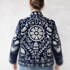 RAJASTHANI TEXTILE Deep blue Embroidered Leather <b>Jacket</b> Ladies Reversible Autumn Coat Floral Suzani Embroidery Quilted Bomber - Product Image 2