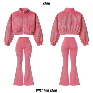 Women men Windbreaker Suit 180 GSM Premium Polyester Micro Taslan Fabric Pink Crop <b>Jacket</b> Flared Pants Custom <b>Rhinestone</b> Logo - Product Image 1
