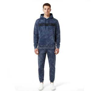 Ensemble de survêtement d'hiver respirant bleu marine délavé tendance 2026 pour homme, style streetwear, en molleton de coton épais, avec sweat à capuche personnalisé - Product Image 1