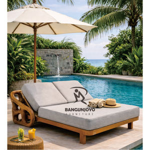 Chaise longue d'extérieur en bois avec dossier séparé et fonction d'inclinaison, coussin gris, style tropical, mobilier de bord de piscine - Product Image 1