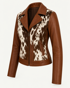 Chaqueta de Motociclista de Cuero Genuino Marrón para Mujer, Talla Grande, con Pelo de Vaca y Estampado Animal - Product Image 4
