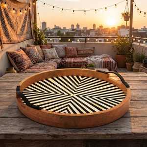Handmade Circular Bone Inlay Black & White <b>Tray</b> - Black Bone Inlay <b>Round</b> <b>Tray</b> | Handmade Floral Serving <b>Tray</b> For Home Decor - Product Image 5