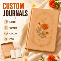 LABON Journal de luxe en cuir végétalien texturé, motif abricot, marigold et lune, avec estampage à chaud doré céleste, collection Récolte d'automne chaleureuse