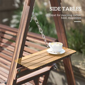 Balançoire de véranda en bois 3 places avec support et tables latérales, brun carbonisé, pour jardin, bord de piscine ou cour arrière - Product Image 5