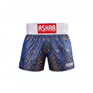 Shorts de boxe unisexes pour adultes Askar, bleu marine, coupe ample, impression sérigraphique sur le devant, 100% polyester, légers, respirants, séchage rapide - Product Image 1