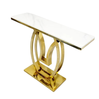 Table console finition or, table d'entrée étroite, table de canapé, meuble d'appoint de couloir avec structure géométrique en acier et plateau en verre trempé