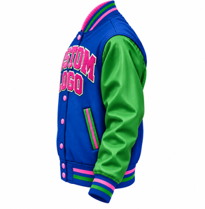 Custom Embroidery Winter Windproof Varsity <b>Jacket</b> <b>Men</b> Blue Green Pink <b>Letter</b> Logo Front Stand Collar Regular Fit Sporty Style - Product Image 4