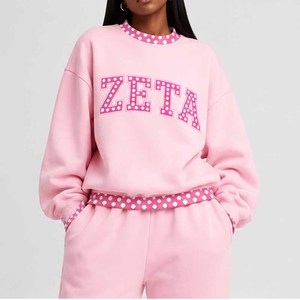 Zeta Factory Custom <b>Mock</b> <b>Neck</b> Crew <b>Neck</b> Sweatshirt Women Men Ladies Unisex Gingham Patch Polka Dot Letter Applique Embroidery - Product Image 1