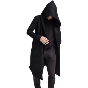 <b>Men's</b> <b>Long</b> Gothic Hooded Cardigan Solid <b>Black</b> Open Front Draped <b>Coat</b> - Product Image 4