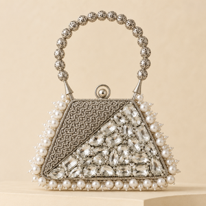 Lady Evening Fashion Brass Framed Embroidered Pearl Rhinestone <b>Hand</b>-<b>Carry</b> Mobile Sling <b>Bag</b> Handmade Mini with Push Lock Closure - Product Image 1