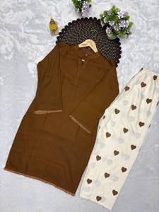 Women Brown Cotton <b>Kurti</b> With Heart Print Palazzo Set Casual Loose Fit Ankle Length <b>Indian</b> Pakistani Style All Seasons Wear - Product Image 5