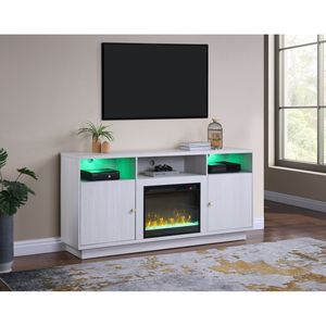 Ambrose 70"W White Walnut <b>Fireplace</b> Console <b>TV</b> Stand with Heater LED Light Cabinets Shelves - Product Image 1